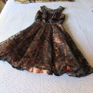 Vintage designer Dress Black Lace overlay Salmon Satin Lined Fit Flare waist 27